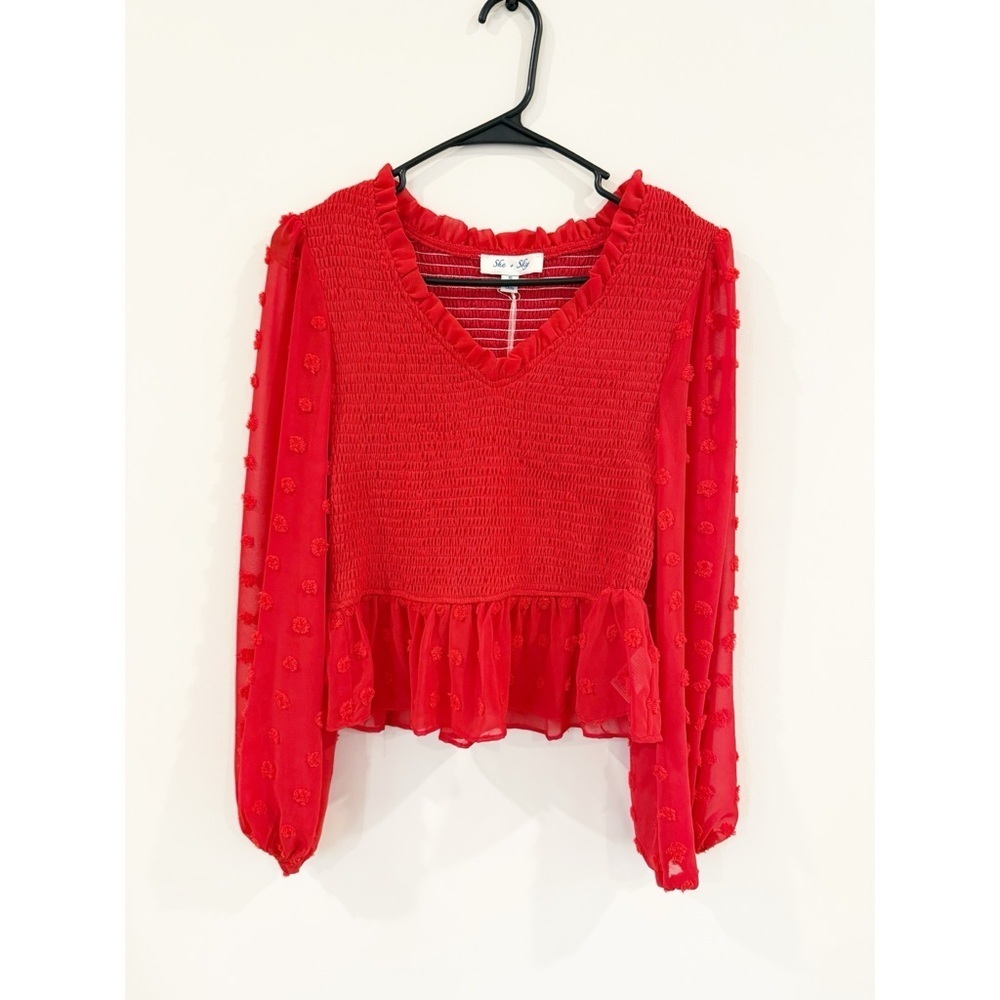 NWT SHE and SKY size S The Best Around Red Swiss Dot Blouse